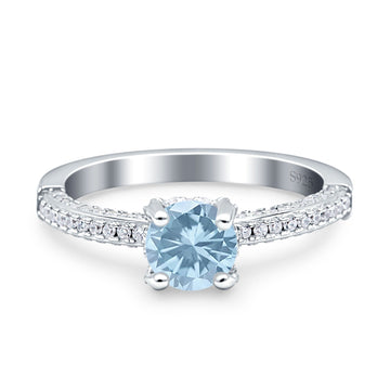 Wholesale Solitaire Accent Round Engagement Ring Simulated Aquamarine CZ 925 Sterling Silver